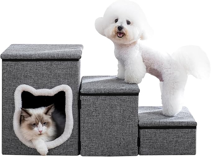 Crispedia Dog Stairs for Small Dogs, 3-Step Dog Ramp for Couch and Bed, Cat Stairs with Storage and Condo, Indoor Non-Slip Pet Stairs for Puppy, Older Cats, Arthritis-Friendly, Grey