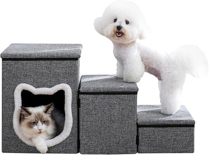 Crispedia Dog Stairs for Small Dogs, 3-Step Dog Ramp for Couch and Bed, Cat Stairs with Storage and Condo, Indoor Non-Slip Pet Stairs for Puppy, Older Cats, Arthritis-Friendly, Grey