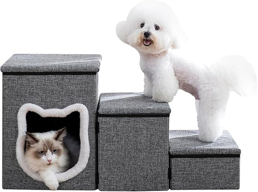 Crispedia Dog Stairs for Small Dogs, 3-Step Dog Ramp for Couch and Bed, Cat Stairs with Storage and Condo, Indoor Non-Slip Pet Stairs for Puppy, Older Cats, Arthritis-Friendly, Grey