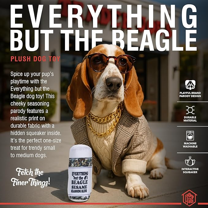 Chomp Haus Everything but The Beagle – Luxurious Durable Dog Toy with Squeaker, Soft Printed Fabric, Designer-Inspired Chew Toy, Fun Gift for Small to Medium Dogs & Dog Lovers