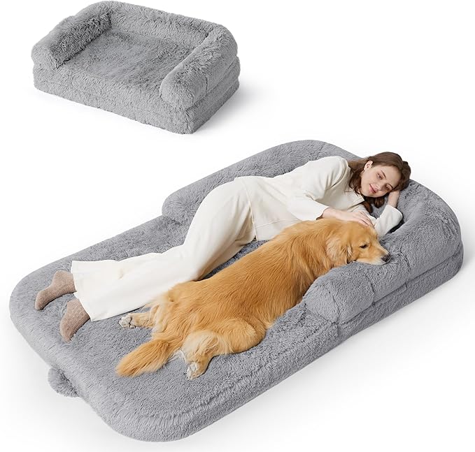 Bedsure Foldable Human Dog Bed -Giant Dog Bed for Adult People with Supportive Bolster Egg Foam, Waterproof Liner, Calming Fluffy Faux Fur Orthopedic Big Bean Bed, Light Grey
