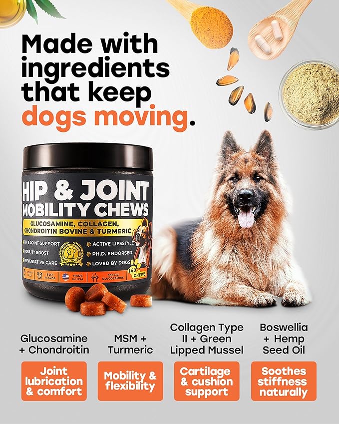 Glucosamine 500mg Hip & Joint Support Supplement for Dogs – Chondroitin, Collagen, MSM & Turmeric Chews – Supports Mobility, Flexibility & Joint Health for Large Breeds & Seniors