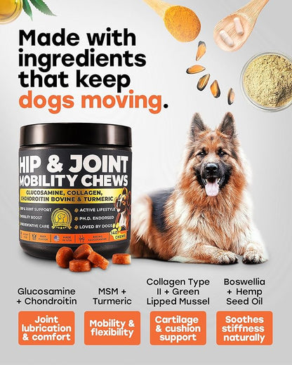 Glucosamine 500mg Hip & Joint Support Supplement for Dogs – Chondroitin, Collagen, MSM & Turmeric Chews – Supports Mobility, Flexibility & Joint Health for Large Breeds & Seniors