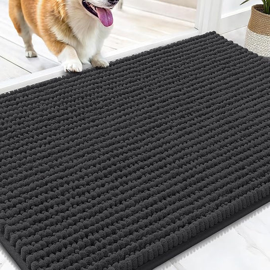 OLANLY Dog Door Mat for Muddy Paws 30x20, Ultra Absorbent Chenille Mud Doormat, Non-Slip Washable and Dirt Trapping Doormat for Indoor Entryway, Quick-Dry Indoor Pet Bed Mats for Dogs, Dark Grey