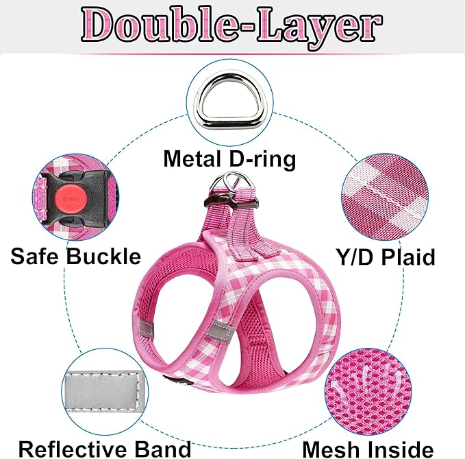 matilor Dog Harness Step-in Breathable Puppy Cat Dog Vest Harnesses for Small Medium Dogs Pink Checkered