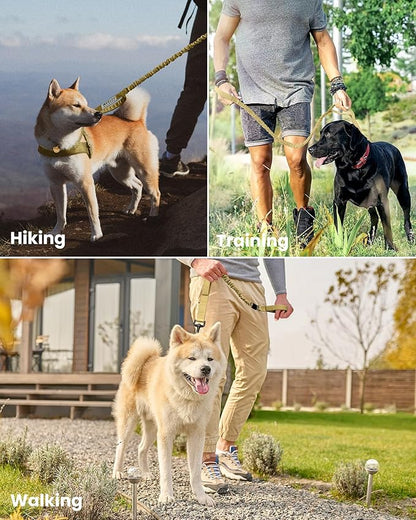 OutdoorMaster Bungee Dog Leash, Heavy Duty Dog Leash with Shock Absorption, 2 Padded Handles Training Leash,1 Seat Belt Clip, Improved Dog Safety and Comfort - Khaki Upgraded, 6 FT