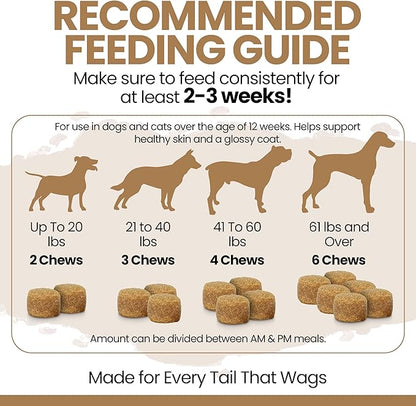 Omega for Dogs - 180 Delicious Soft Chews - Salmon Oil Treats for Skin and Coat, Itch Relief - Fish Oil Blend of Essential Fatty Acids, Omega 3, 6, and 9, and Vitamins - Peanut Butter Flavor