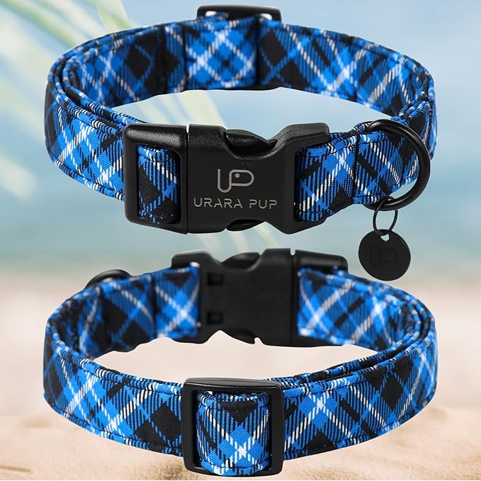 UP URARA PUP Autumn Cotton Dog Collar, Blue Plaid with Plastic Buckle, Adorable Pet Collar for Puppy, Cat or Dog