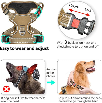 Timos Dog Harness Medium Sized, No Pull Pet Harness with Neck Lockable Snap,No Choke Front Clip Dog Reflective Vest,Adjustable Metal Rings 3 Buckles,Easy Control Handle for Medium Dogs Khaki M