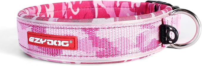 EzyDog Neo Dog Collar - Waterproof & Reflective Dog Collar with Soft Padded Neoprene for Comfort & Durable Nylon – Features Quick Release Buckle and Built-in ID Clip (Large, Pink Camo)