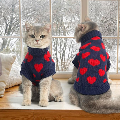 KOOLTAIL Cat Sweater Turtleneck- Soft Knit Sweaters for Cats Only, Christmas Red Heart Love Pattern Thick Warm Cold Weather Clothes for Small Medium Large Size Kitten Puppy Navy L