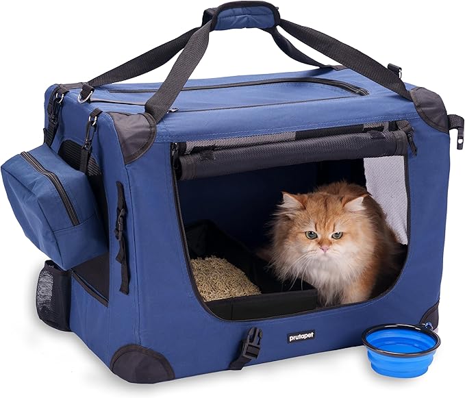 Prutapet Large Cat Carrier 24"x16.5"x16.5" Soft-Sided Portable Pet Crate for Car Traveling with Collapsible Litter Box and Bowl