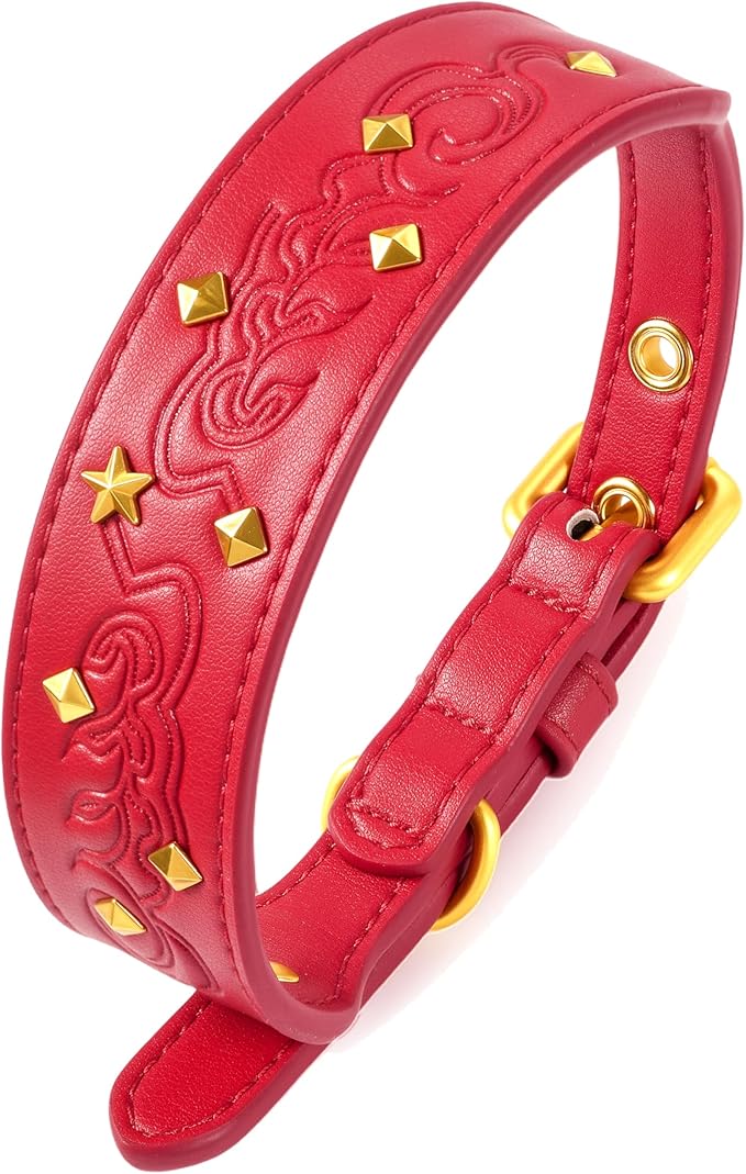 Blueberry Pet Premium Embossed Red Glam Silver-Powered Freshness Microfiber Leather Dog Collar with Gold Studs