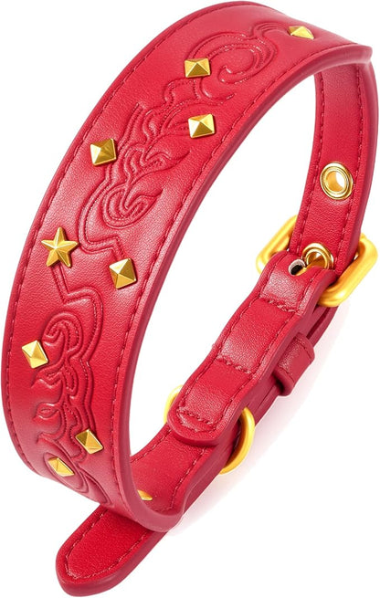 Blueberry Pet Premium Embossed Red Glam Silver-Powered Freshness Microfiber Leather Dog Collar with Gold Studs
