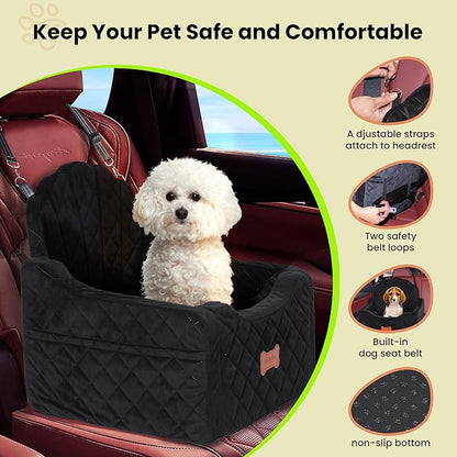koneboss Dog Car Seat for Small Dogs Under 30lbs, Detachable Washable Pet Booster Seat with Safety Belt & Storage Pockets, Travel Car Bed, Black