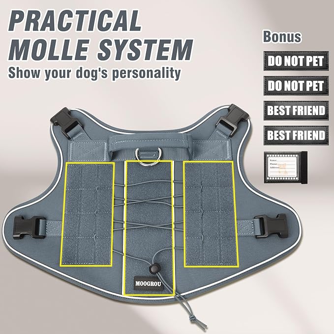 Tactical Dog Harness for Large Dogs,No Pull Military Dog Vest with Handle,Reflective Heavy Duty Pet Harness for Walking Hiking Training Gray L