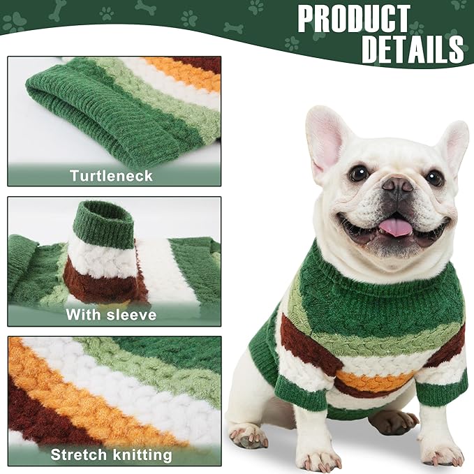 KAROKU Dog Sweater, Classic Turtleneck Knitted Striped Dog Sweaters, Warm Sweater for Winter, Soft Christmas Sweaters for Boy Girl, Dogs Clothes for Small/Medium Cats, Doggys (Green, Large)