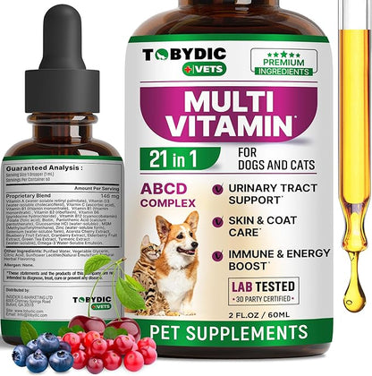 TOBYDIC Cat & Dog Multivitamin 21 in 1 Pet Supplements with Cranberry & Glucosamine - Natural Medicine & Support for UTI, Urinary Tract, Bladder, Kidney, Skin Coat, Joints Treatment Made in USA