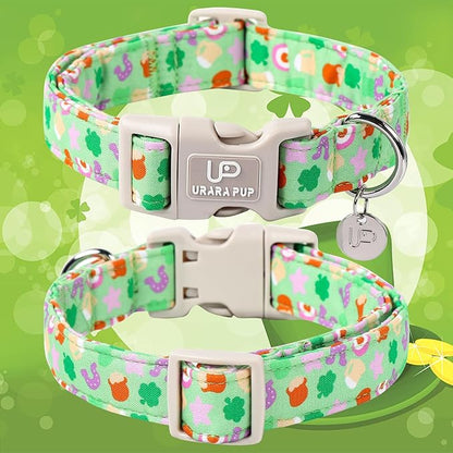 St. Patrick's Dog Collar, Cotton St. Patricks Clover Collar for Puppy Girl Boy Dog or Cat, Lucky Shamrock Dog Collar with Metal Buckle, Spring Green Collars for Dogs