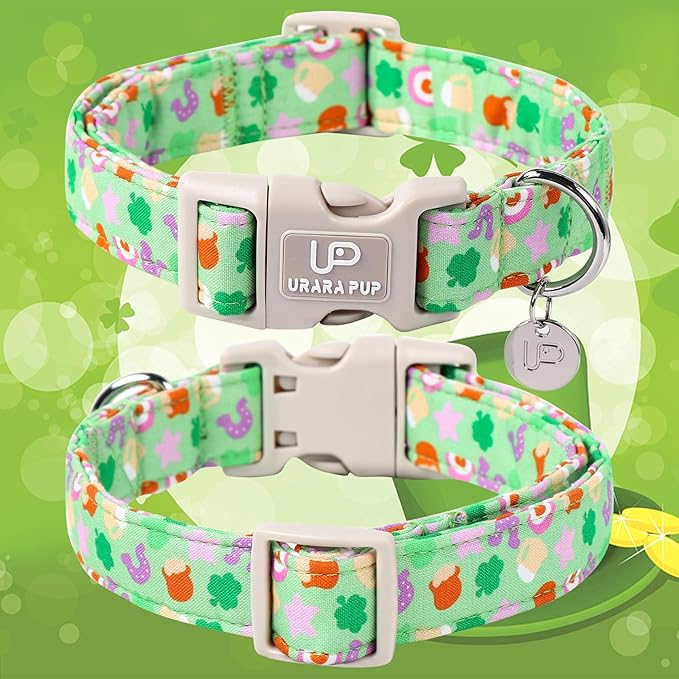St. Patrick's Dog Collar, Cotton St. Patricks Clover Collar for Puppy Girl Boy Dog or Cat, Lucky Shamrock Dog Collar with Metal Buckle, Spring Green Collars for Dogs