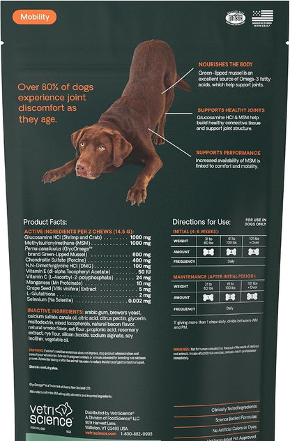 VetriScience Ultimate Strength Hip & Joint Supplement for Dogs, GlycoFlex Plus – MSM, Chondroitin & Green-Lipped Mussel Chews for Mobility, Flexibility, Comfort & Support, Bacon Flavor, 60 Cnt