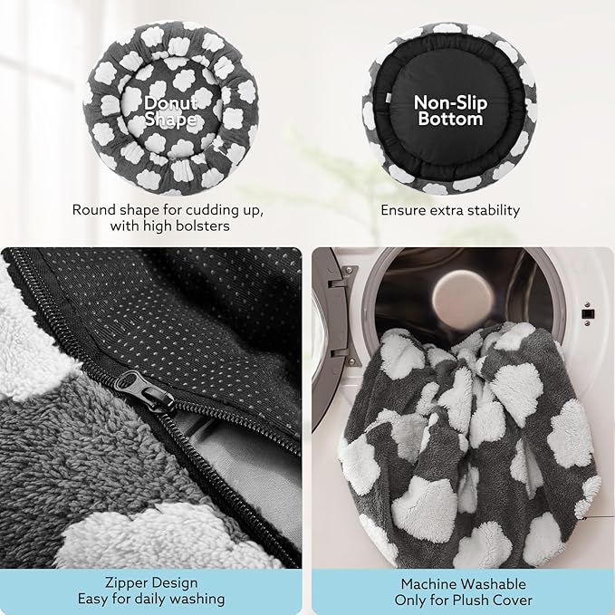 JOEJOY Donut Cat Beds for Indoor Cats, Round Calming Small Dog Bed with Removable Washable Cover, Orthopedic Cute Puppy Kitten Pet Bed with Jacquard Shaggy Plush & Non Skid Bottom, Black