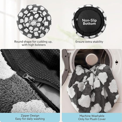 JOEJOY Donut Cat Beds for Indoor Cats, Round Calming Small Dog Bed with Removable Washable Cover, Orthopedic Cute Puppy Kitten Pet Bed with Jacquard Shaggy Plush & Non Skid Bottom, Black