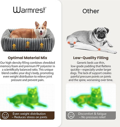 Warmrest Washable Dog Bed for Small Medium Dogs - Rectangle Orthopedic Corduroy Fleece Pet Bed with Removable Cover and Nonskid Bottom, Calming Puppy Bed Soft Pet Sofa, Grey(30x24x8inchs)