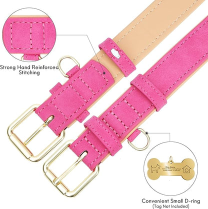 Leather Dog Collar for Small Medium Large Dogs, Soft Padded Dog Leather Collar with Heavy Duty Gold Buckle, Durable & Comfortable for Medium Dogs Daily Walking (Hot Pink, M)