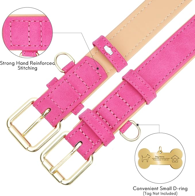 Leather Dog Collar for Small Medium Large Dogs, Soft Padded Dog Leather Collar with Heavy Duty Gold Buckle, Durable & Comfortable for Large Dogs Daily Walking (Hot Pink, L)
