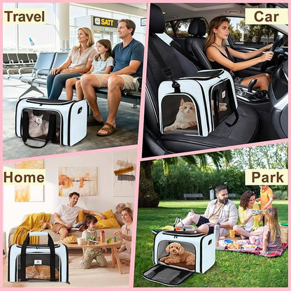 DSDCDJ Cat Carrier Dog Carrier - Soft-Sided Cat Carrier with Plush Pad & Cooling Mat, Easy-Load 4-Side Zipper & 3-Side Mesh Ventilation, Pet Carrier Airline Approved for Cats/Dogs Up to 20 lbs, Blue