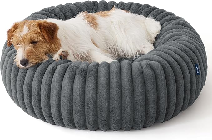 Bedsure ComfyFleece Donut Small Dog Bed - Dog Beds for Small Dogs with Corduroy Fleece & Anti Slip Bottom, Round Faux Fur Pet Beds with Washable Removable Cover, Warm Grey, 27x27x8 inches