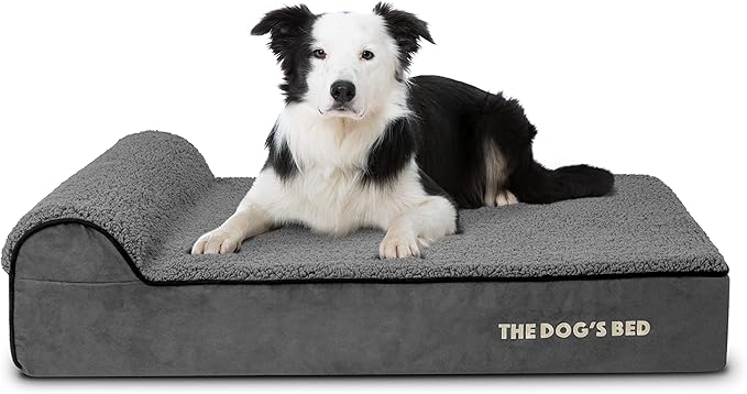 The Dog’s Bed Orthopedic Headrest Dog Bed Large Grey Plush, Memory Foam, Pain Relief for Arthritis, Hip & Elbow Dysplasia, Post Surgery, Lameness, Waterproof Washable Cover, Veterinary Approved