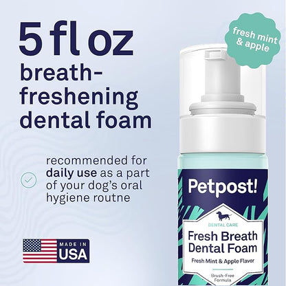 Petpost | Fresh Breath Foam for Dogs - Mint & Apple Flavored Dental Solution That Eliminates Bad Breath - Natural Tooth Cleaning Treatment 5 oz.
