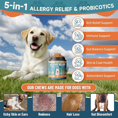 VICSOM Dog Allergy Chews for Dogs Itching Skin Relief with Probiotics for Dogs Immune Support, Itchy Skin & Ears, Licking Paws, Itch Relief for Dog with Probiotics for Gut Health, 200 Chews