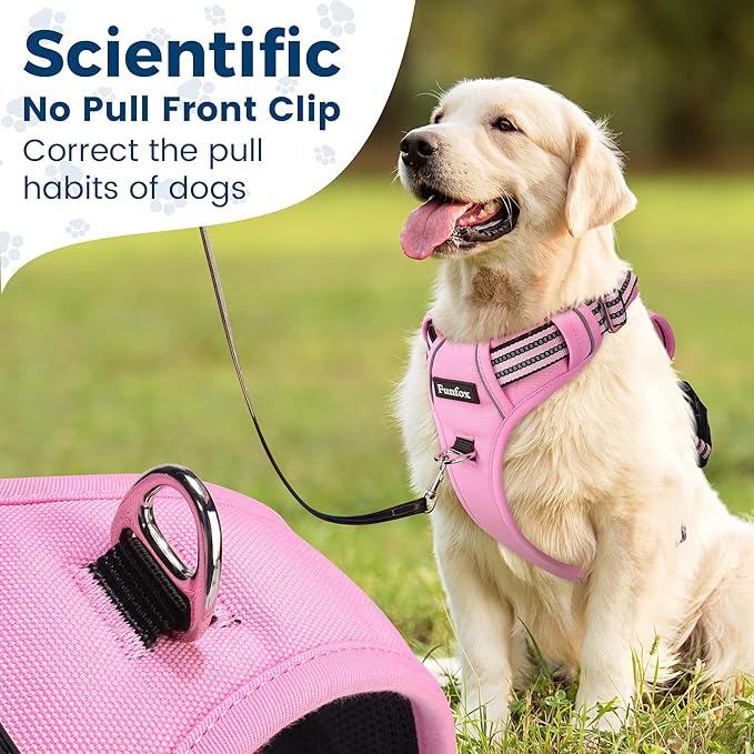 Funfox Dog Harness Medium No Pull, Adjustable 2 Clips Anti-Pull Vest with Practical Handle, Breathable Padded Pet Harness Designed for Small/Large Breeds, Reflective Training Walking Pink M