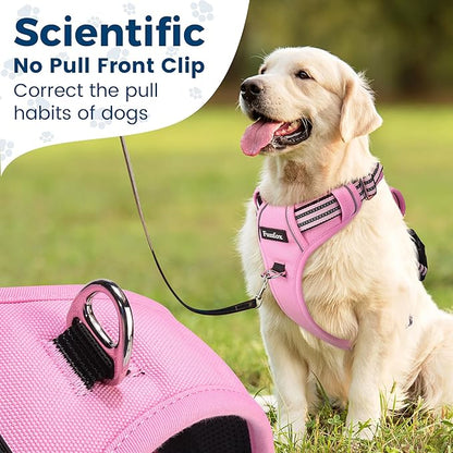 Funfox Dog Harness Medium No Pull, Adjustable 2 Clips Anti-Pull Vest with Practical Handle, Breathable Padded Pet Harness Designed for Small/Large Breeds, Reflective Training Walking Pink M