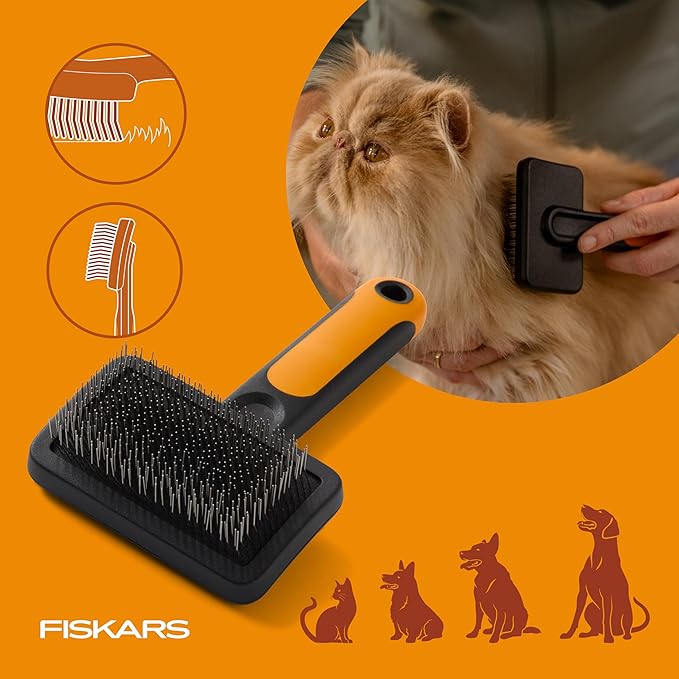 Fiskars Pet, Cat and Dog Brush, Fine Bristles & SoftGrip Handle for Gentle Grooming and Deshedding, Cat and Dog Supplies, Orange/Black