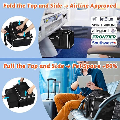 Petskd Top and Side Expandable Pet Carrier 17x12x8.5 Inches JetBlue Frontier Spirit Airline Approved, Soft-Sided Carrier for Small Cats and Dogs with Locking Safety Zipper and Anti-Scratch Mesh(Black)