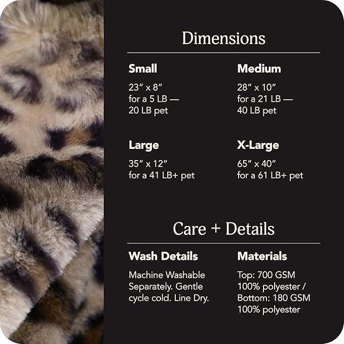 UnHide Floof Pet Bed - Small (23" x 8") - Extra Soft Dog Bed - Removable Faux Fur Cover - Machine Washable - Helps Ease Pet Anxiety & Provides The Perfect Sleep - Leopard