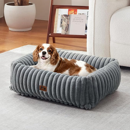 Warmrest Washable Dog Bed for Small Medium Dogs - Rectangle Orthopedic Corduroy Fleece Pet Bed with Removable Cover and Nonskid Bottom, Calming Puppy Bed Soft Pet Sofa, Grey(25x21x7inchs)