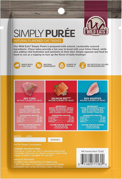 Wild Eats Lickable Cat Treats Exotic Fish Variety Pack 12ct - Ahi Tuna, Wild Pink Salmon, Red Snapper - Puree Bisque