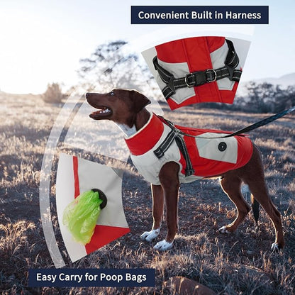 IECOii Dog Winter Coat Waterproof - Red, Medium - Dog Coat with Harness Built in for Medium Dogs, Thermal Warm Fleece Lined with Zip Up Cold Weather Jacket, Reflective Snowsuit for Outdoor Hiking