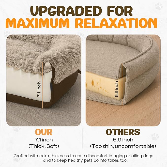 Miorun Fluffy Orthopedic Dog Bed for Medium & Large Dogs, Calming Plush Sofa Bed with Curved Bolster Support and Egg-Crate Foam Base, 43" Cozy Oval Pet Donut Bed with Washable Cover, Coffee