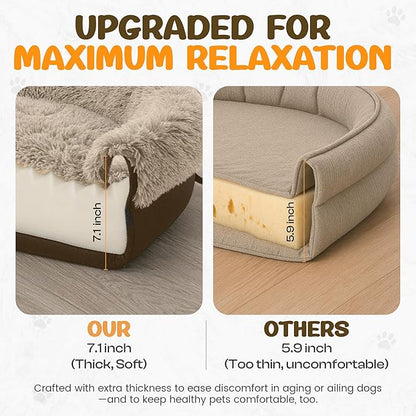 Miorun Fluffy Orthopedic Dog Bed for Medium & Large Dogs, Calming Plush Sofa Bed with Curved Bolster Support and Egg-Crate Foam Base, 43" Cozy Oval Pet Donut Bed with Washable Cover, Coffee