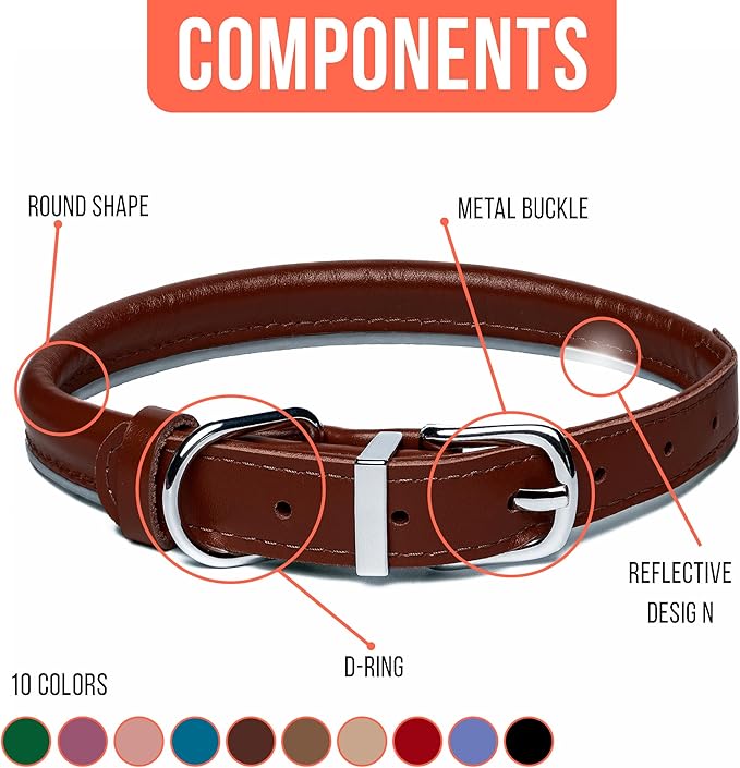 OOPSDOGGY Rolled Leather Dog Collar Reflective Roll Collars for Small Medium Large Dogs Puppy (Cognac, XS, 8''- 11'')