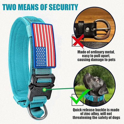 Tactical Military Dog Collar - Adjustable Nylon, Heavy Duty Metal Buckle with Handle for Dog Training, with Patches (Light Blue 1, L)