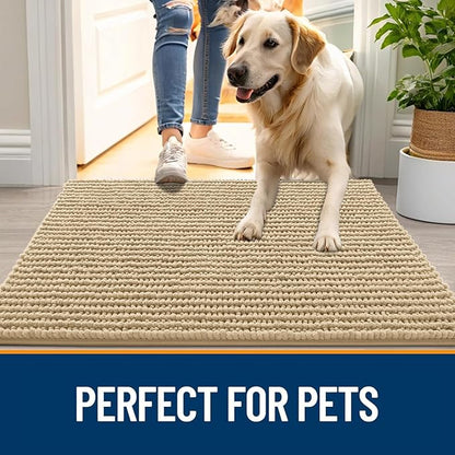 OLANLY Dog Door Mat for Muddy Paws 59x35, Ultra Absorbent Chenille Mud Doormat, Non-Slip Washable and Dirt Trapping Doormat for Indoor Entryway, Quick-Dry Indoor Pet Bed Mats for Dogs, Beige