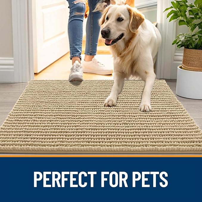 OLANLY Dog Door Mat for Muddy Paws 40x32, Ultra Absorbent Chenille Mud Doormat, Non-Slip Washable and Dirt Trapping Doormat for Indoor Entryway, Quick-Dry Indoor Pet Bed Mats for Dogs, Beige