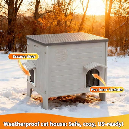 Weatherproof Outdoor Insulated Cat House for Feral Cat, Plastic Elevated Cat Shelter with Escape Door, Easy Assemble, Expansive Interior‌ Grey 27.0" L x 27.0" W x 21.0" H